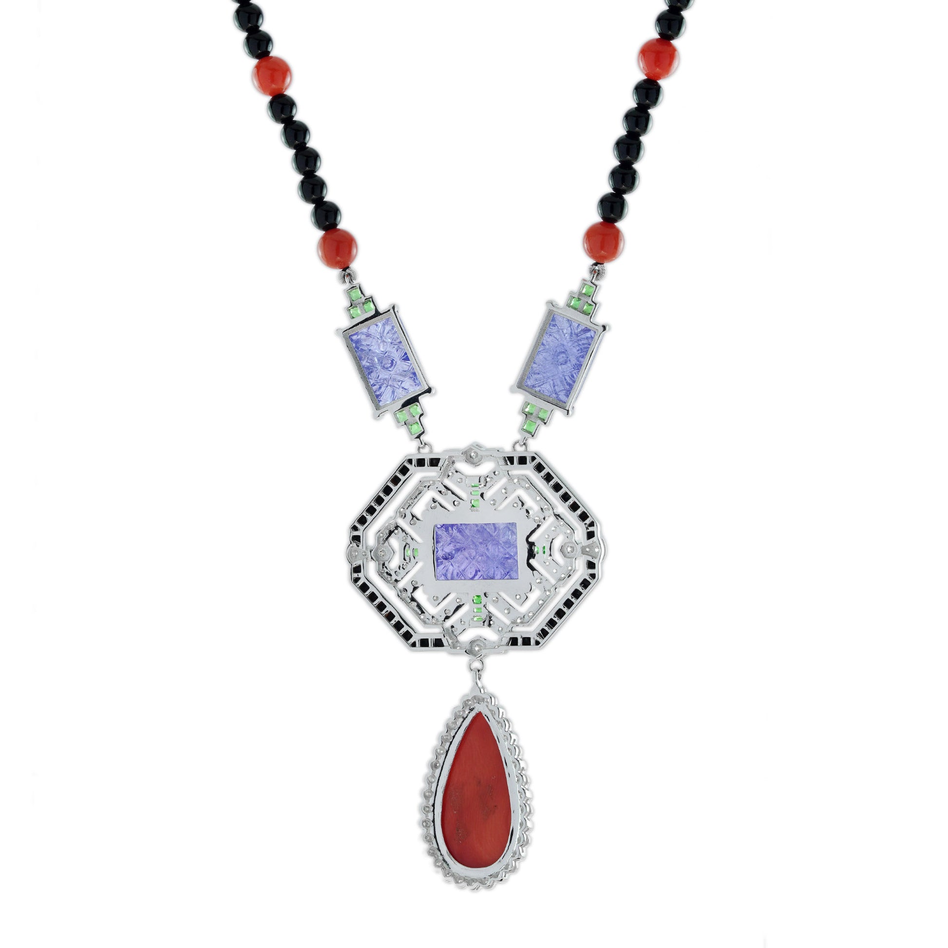 Carved Coral Tanzanite Art Deco Style White Gold Necklace