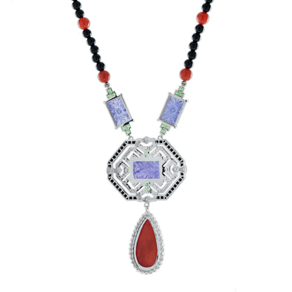 Carved Coral Tanzanite Art Deco Style White Gold Necklace