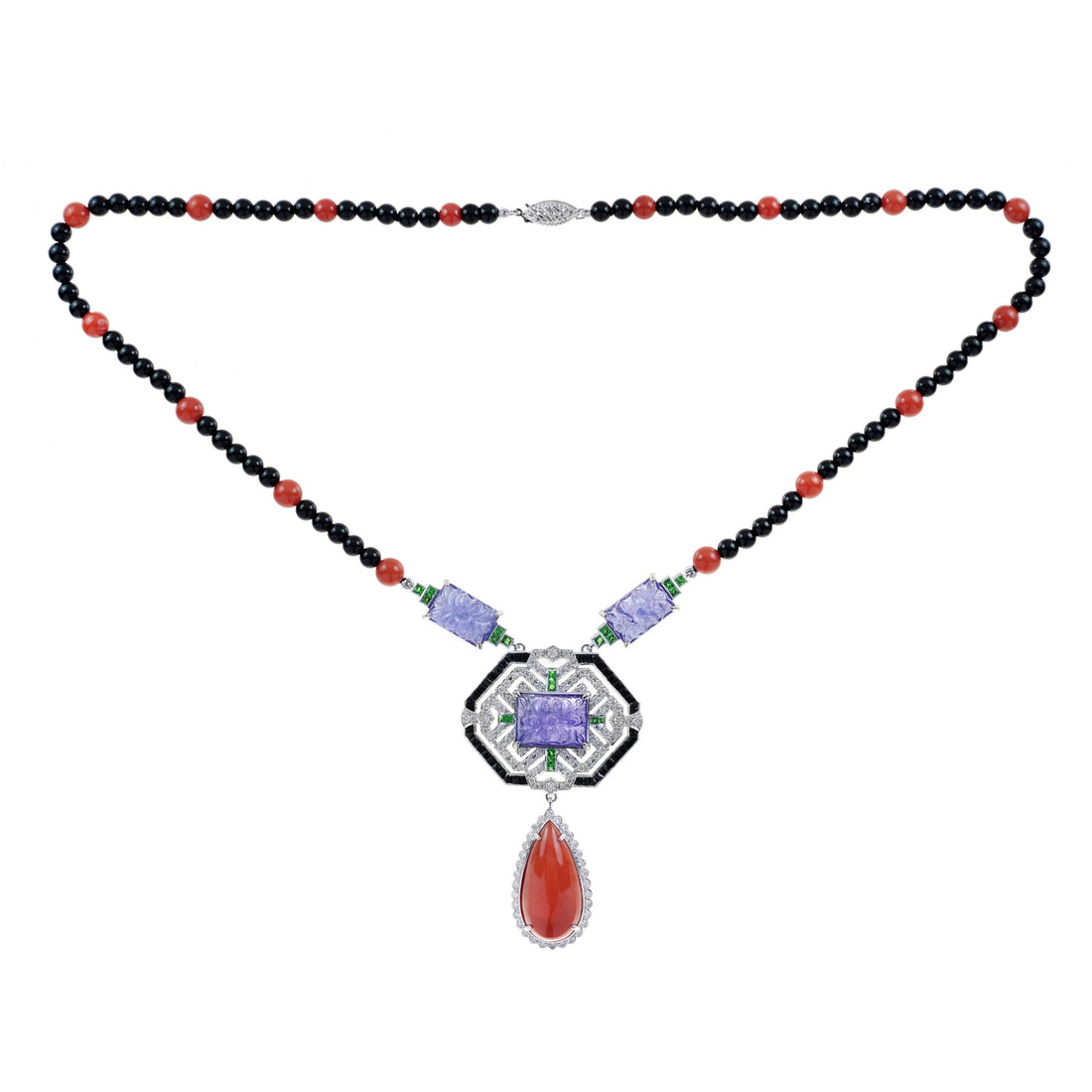 Carved Coral Tanzanite Art Deco Style White Gold Necklace