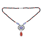 Carved Coral Tanzanite Art Deco Style White Gold Necklace