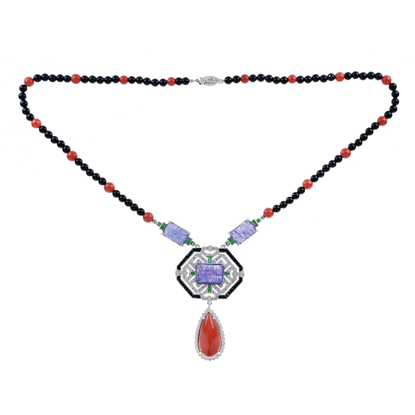 carved coral tanzanite art deco style white gold necklace