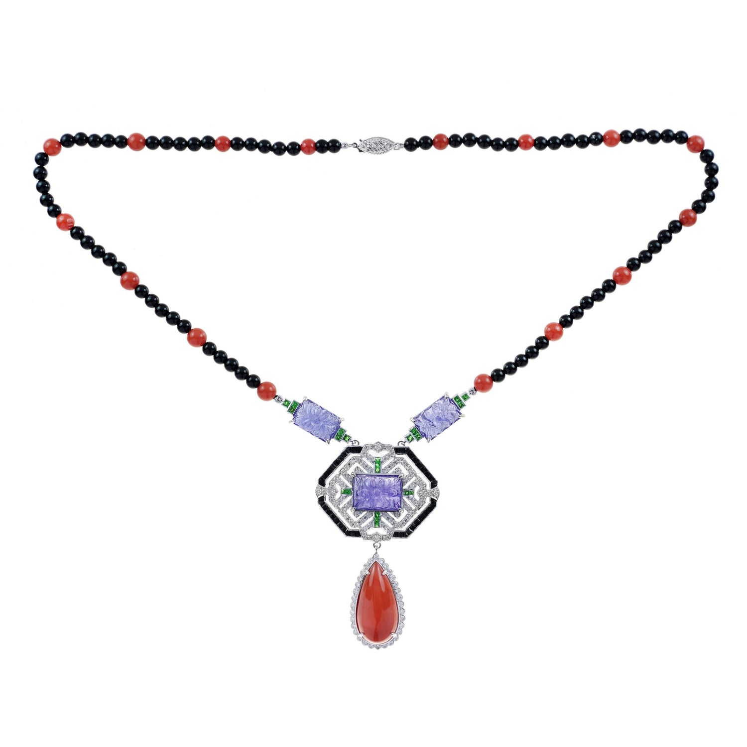 Carved Coral Tanzanite Art Deco Style White Gold Necklace