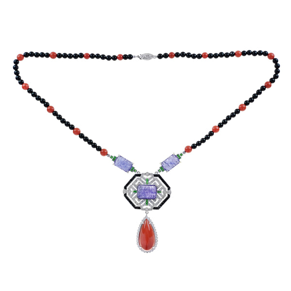 26.10 Ctw Art Deco Style Coral, Emerald & Diamond 14K White Gold Tassel Necklace
