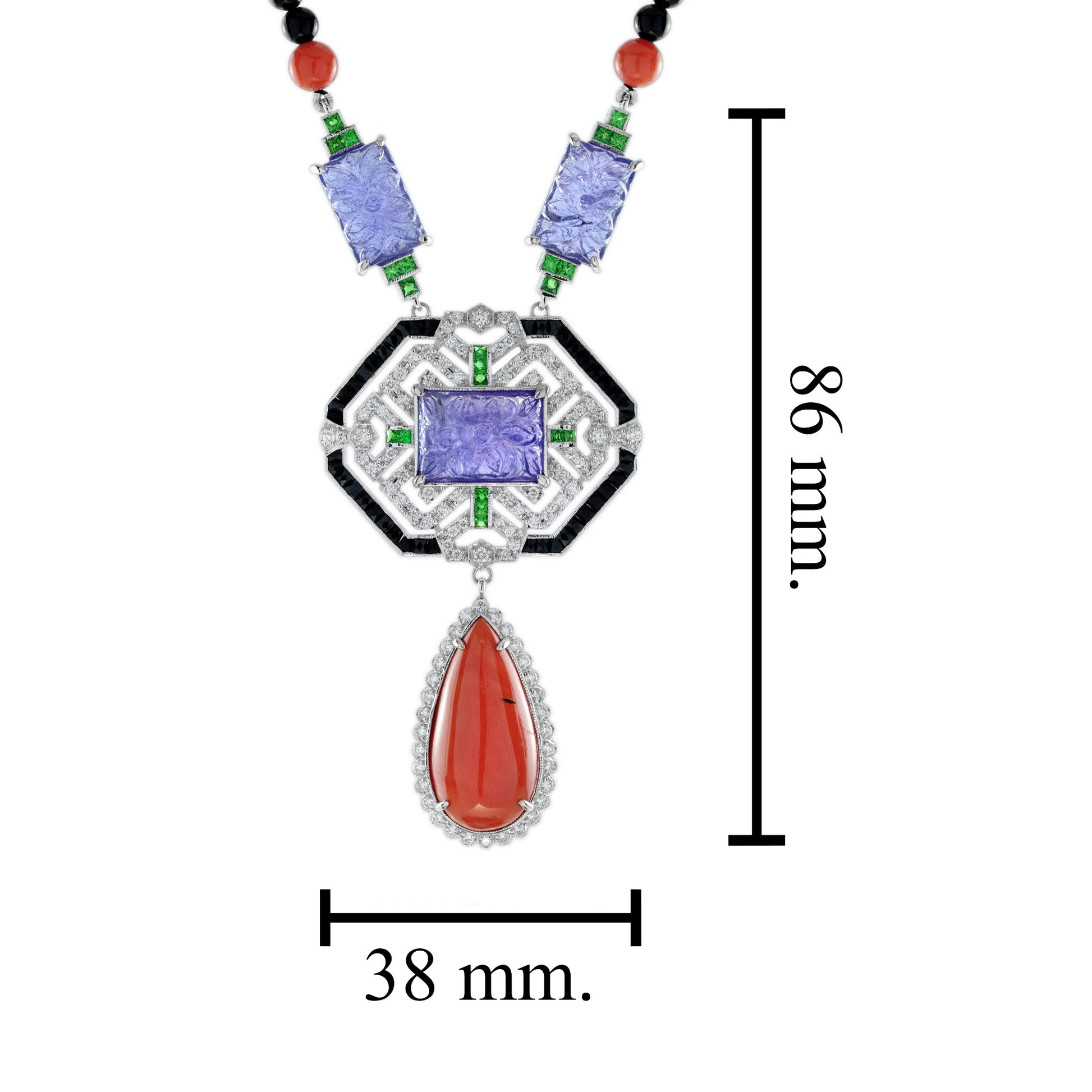 Carved Coral Tanzanite Art Deco Style White Gold Necklace