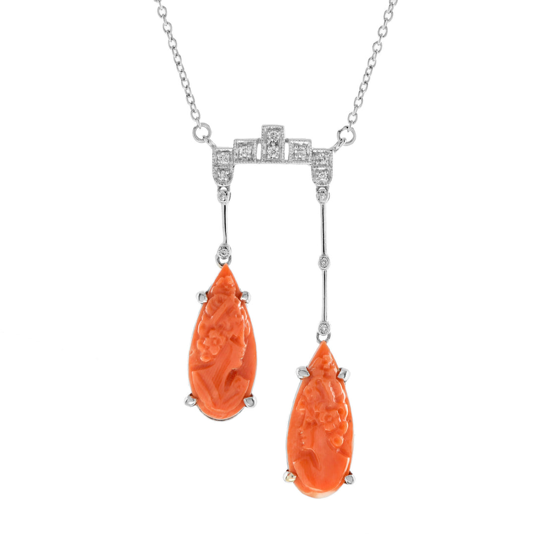 Carved Orange Coral & Diamond Antique Style 14K White Gold Pendant Necklace