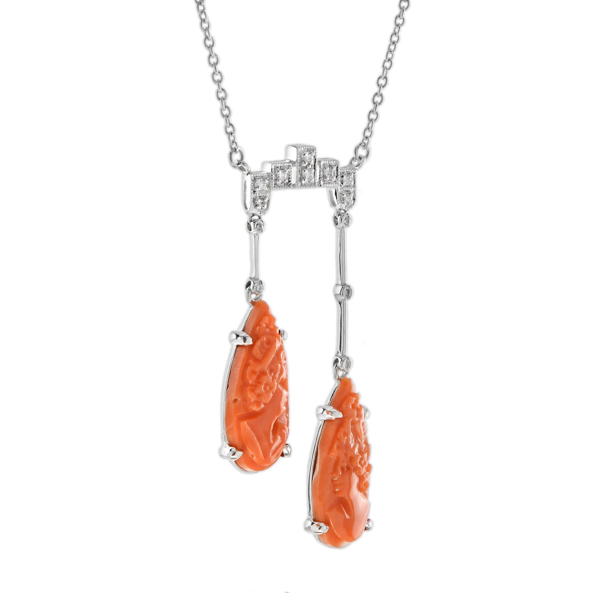 Carved Orange Coral & Diamond Antique Style 14K White Gold Pendant Necklace