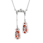 Carved Orange Coral & Diamond Antique Style 14K White Gold Pendant Necklace