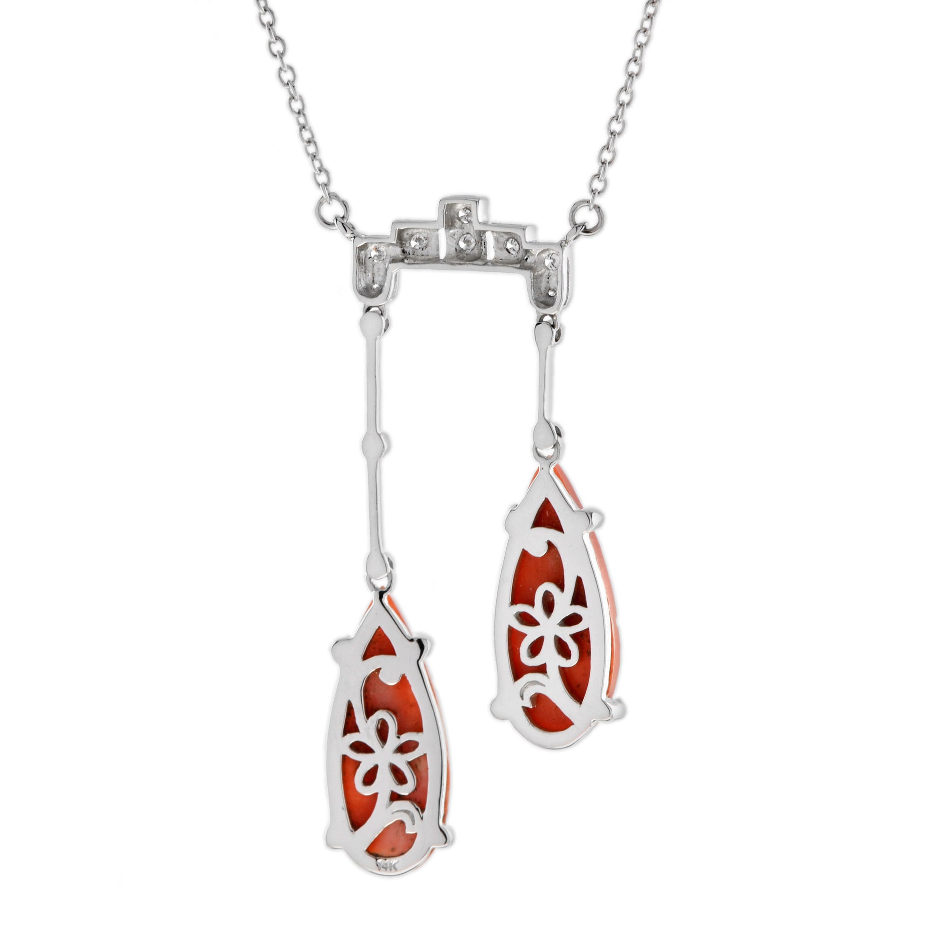 Carved Orange Coral & Diamond Antique Style 14K White Gold Pendant Necklace
