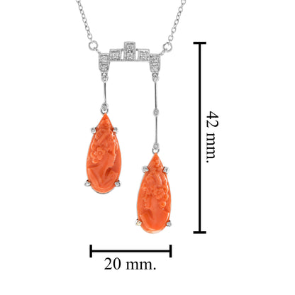 Carved Orange Coral & Diamond Antique Style 14K White Gold Pendant Necklace