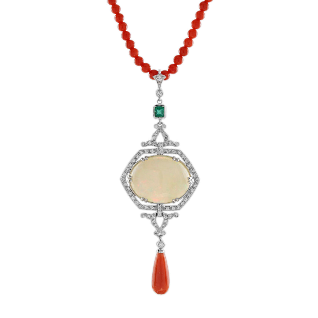 12.42 Ct. Ethiopian Opal Coral Emerald Diamond Art Deco Style 14K White Necklace