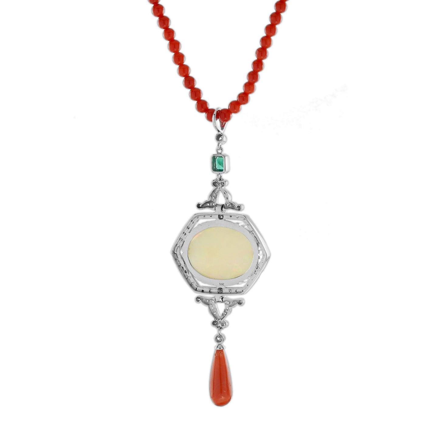 12.42 ct. ethiopian opal coral emerald diamond art deco style 14k white necklace