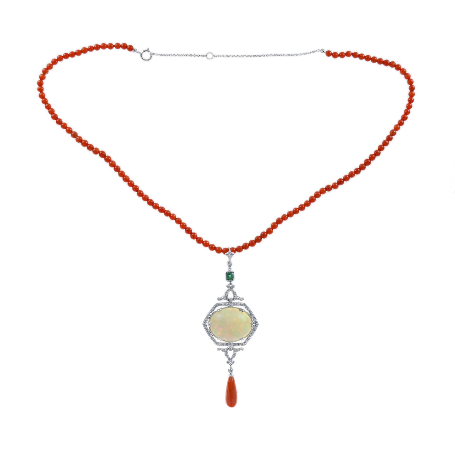 12.42 ct. ethiopian opal coral emerald diamond art deco style 14k white necklace