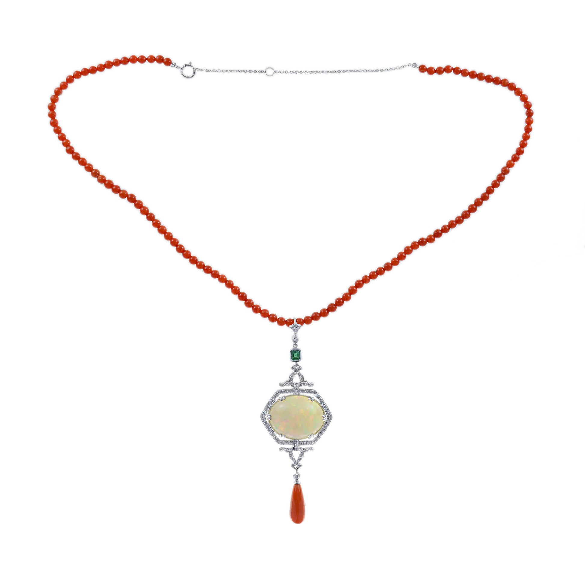 12.42 Ct. Ethiopian Opal Coral Emerald Diamond Art Deco Style 14K White Necklace