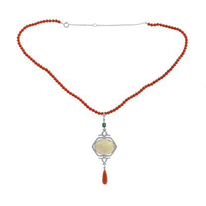 12.42 Ct. Ethiopian Opal Coral Emerald Diamond Art Deco Style 14K White Necklace