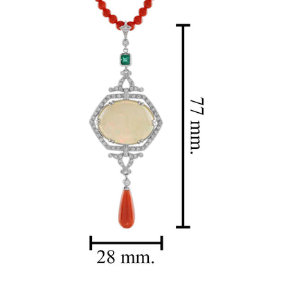 12.42 Ct. Ethiopian Opal Coral Emerald Diamond Art Deco Style 14K White Necklace