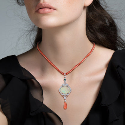 12.42 Ct. Ethiopian Opal Coral Emerald Diamond Art Deco Style 14K White Necklace