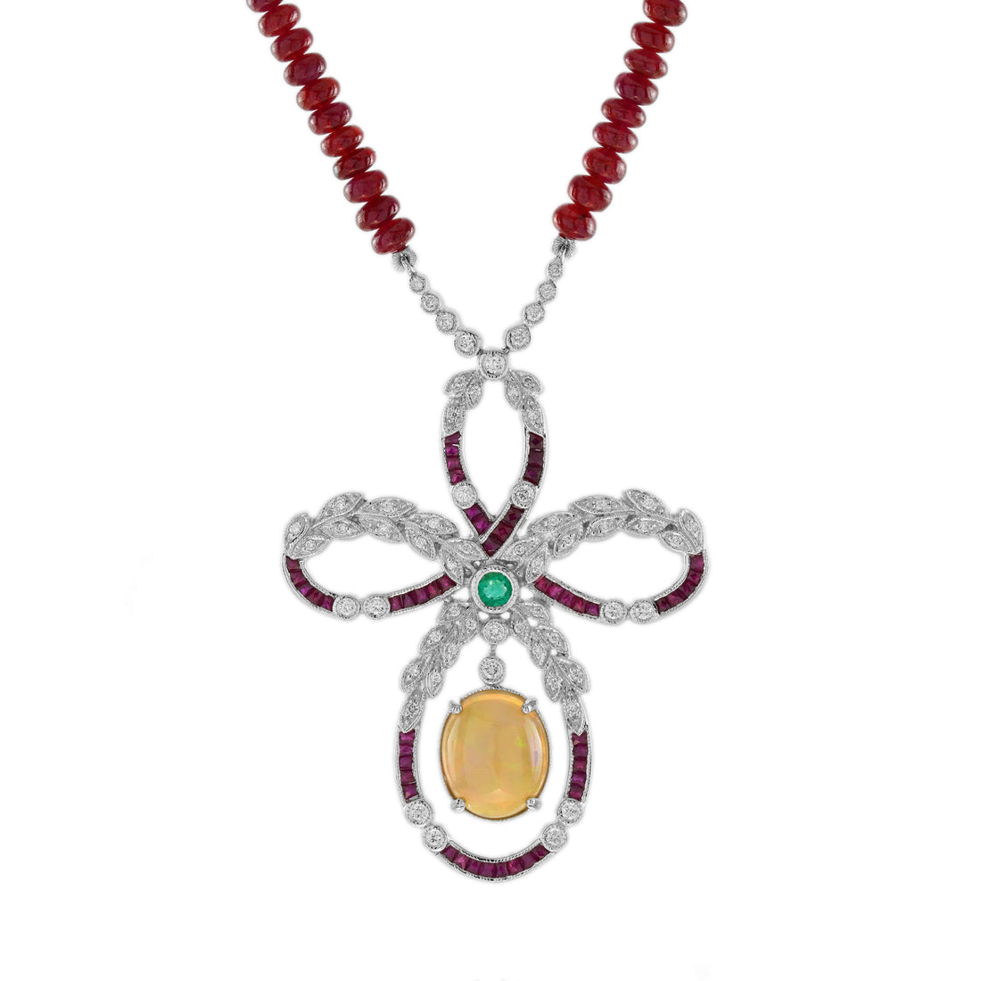 Ethiopian Opal Ruby Emerald Diamond Edwardian Style 14K White Gold Necklace