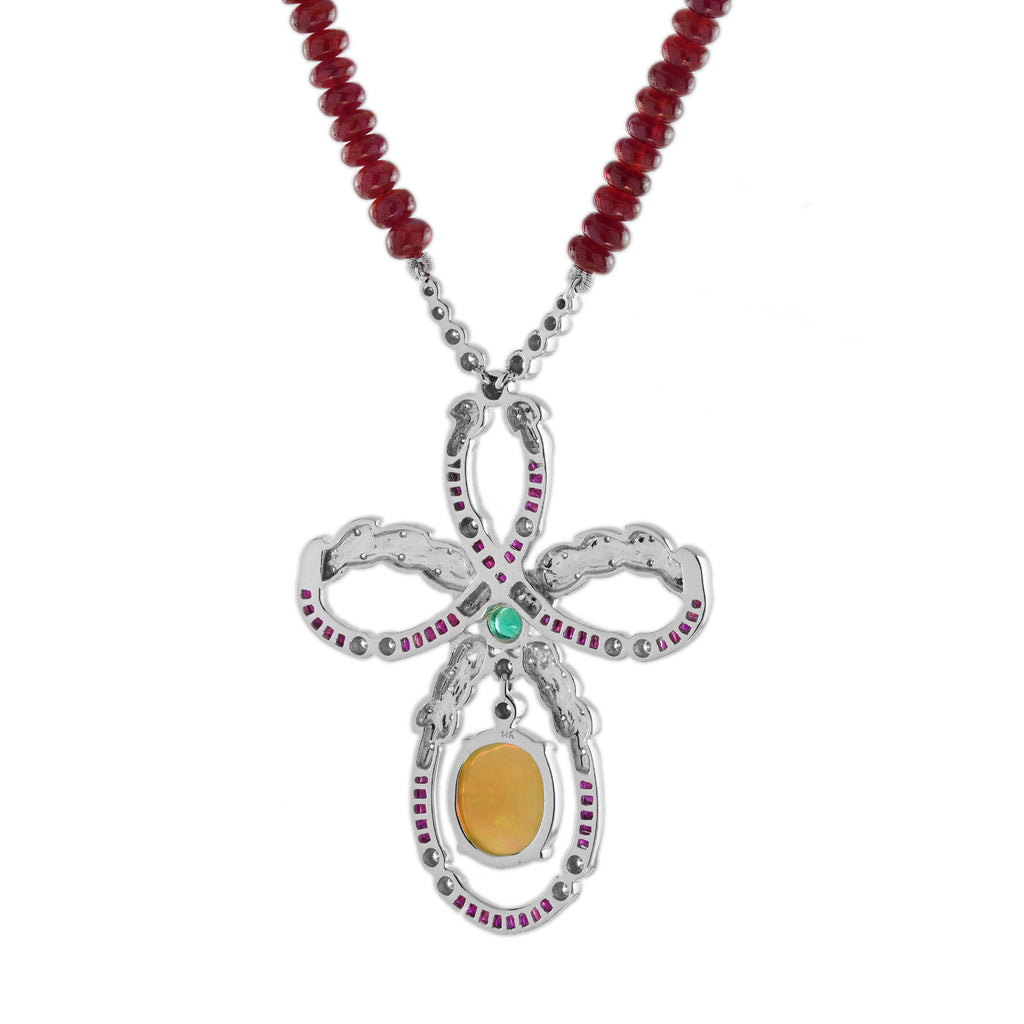 Ethiopian Opal Ruby Emerald Diamond Edwardian Style 14K White Gold Necklace