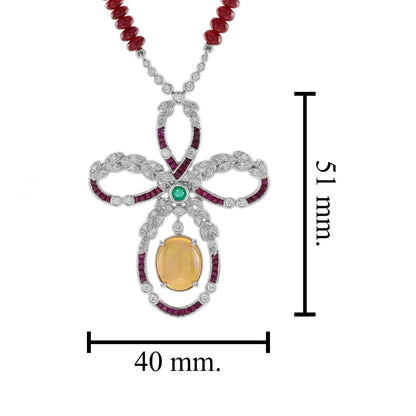 Ethiopian Opal Ruby Emerald Diamond Edwardian Style 14K White Gold Necklace