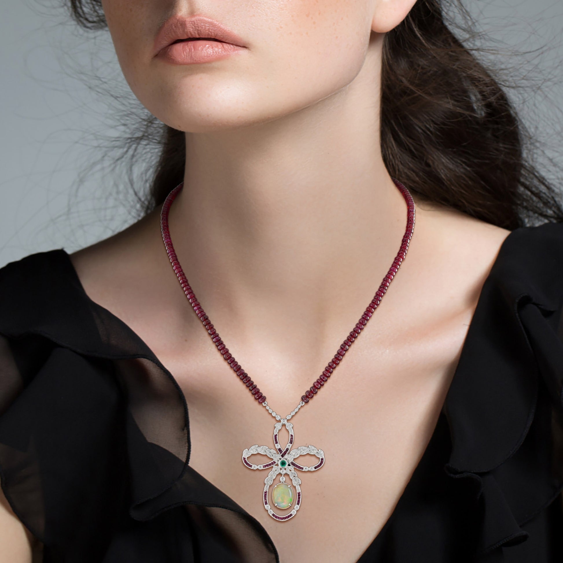 Ethiopian Opal Ruby Emerald Diamond Edwardian Style 14K White Gold Necklace