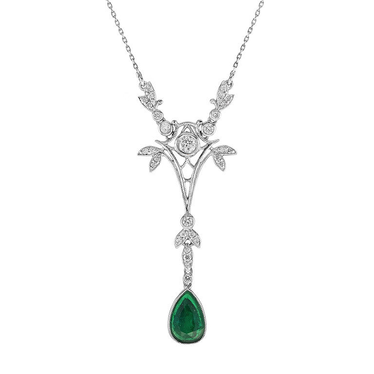 Pear Shaped Natural Emerald & Diamond Drop Vintage Style Gold Pendant Necklace