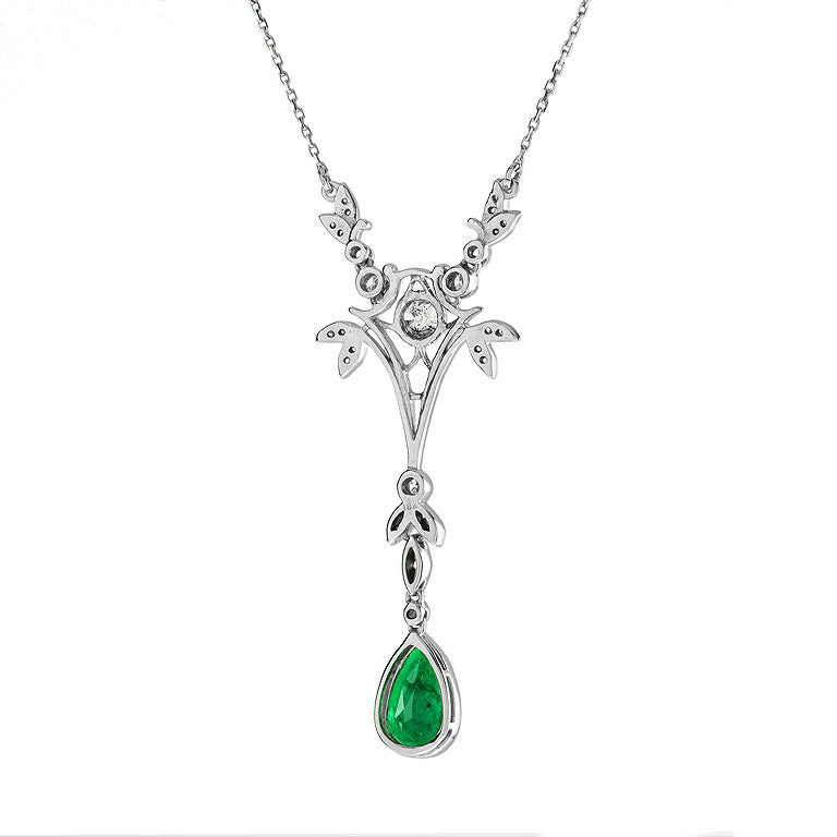 Pear Shaped Natural Emerald & Diamond Drop Vintage Style Gold Pendant Necklace