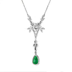 Pear Shaped Natural Emerald & Diamond Drop Vintage Style Gold Pendant Necklace