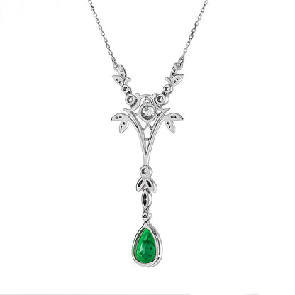 Pear Shaped Natural Emerald & Diamond Drop Vintage Style Gold Pendant Necklace