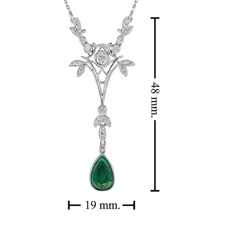 Pear Shaped Natural Emerald & Diamond Drop Vintage Style Gold Pendant Necklace