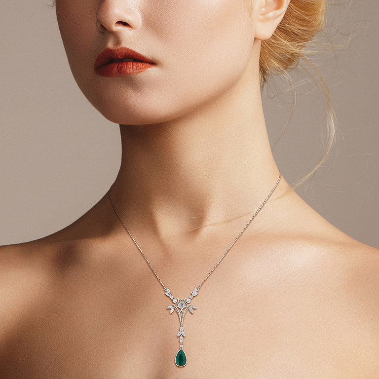 pear shaped natural emerald & diamond drop vintage style gold pendant necklace