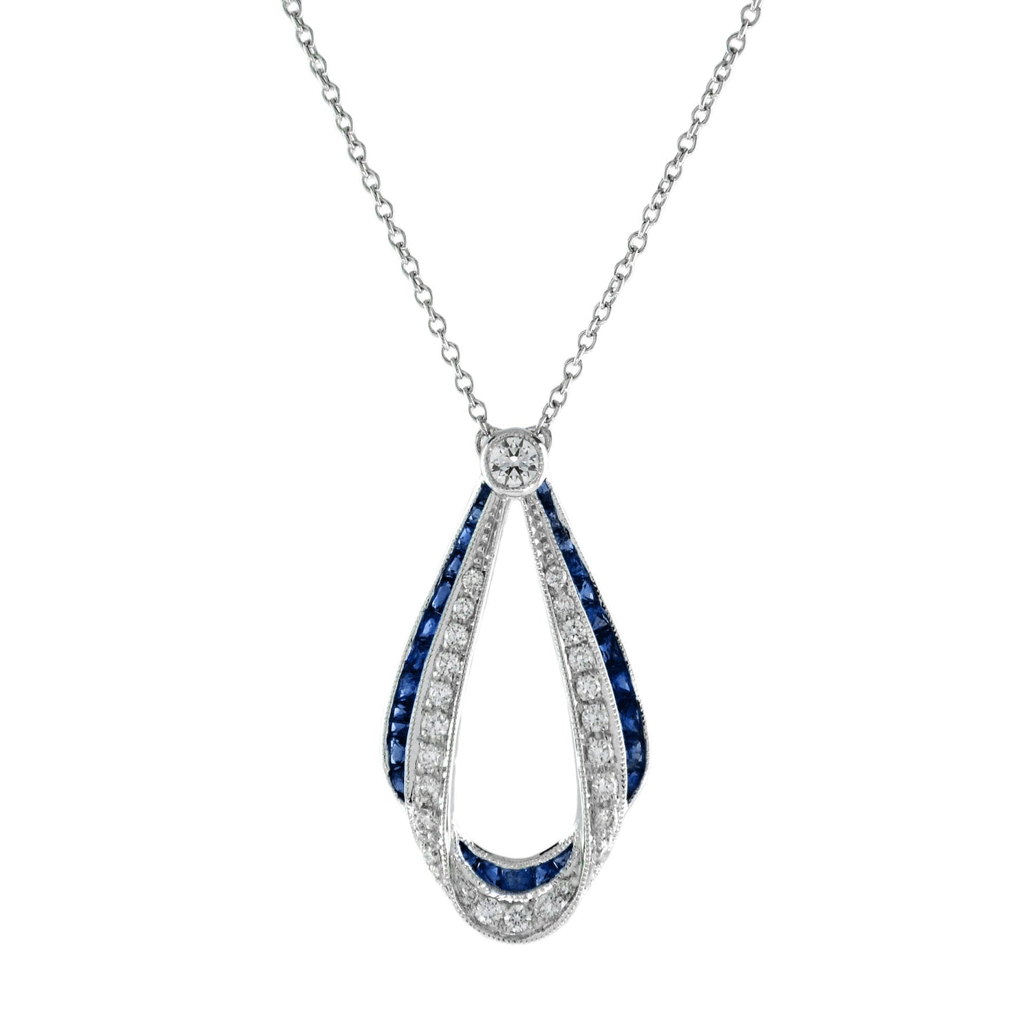 Ribbon Art Deco Style Blue Sapphire &amp; Diamond 14K White Gold Pendant Necklace