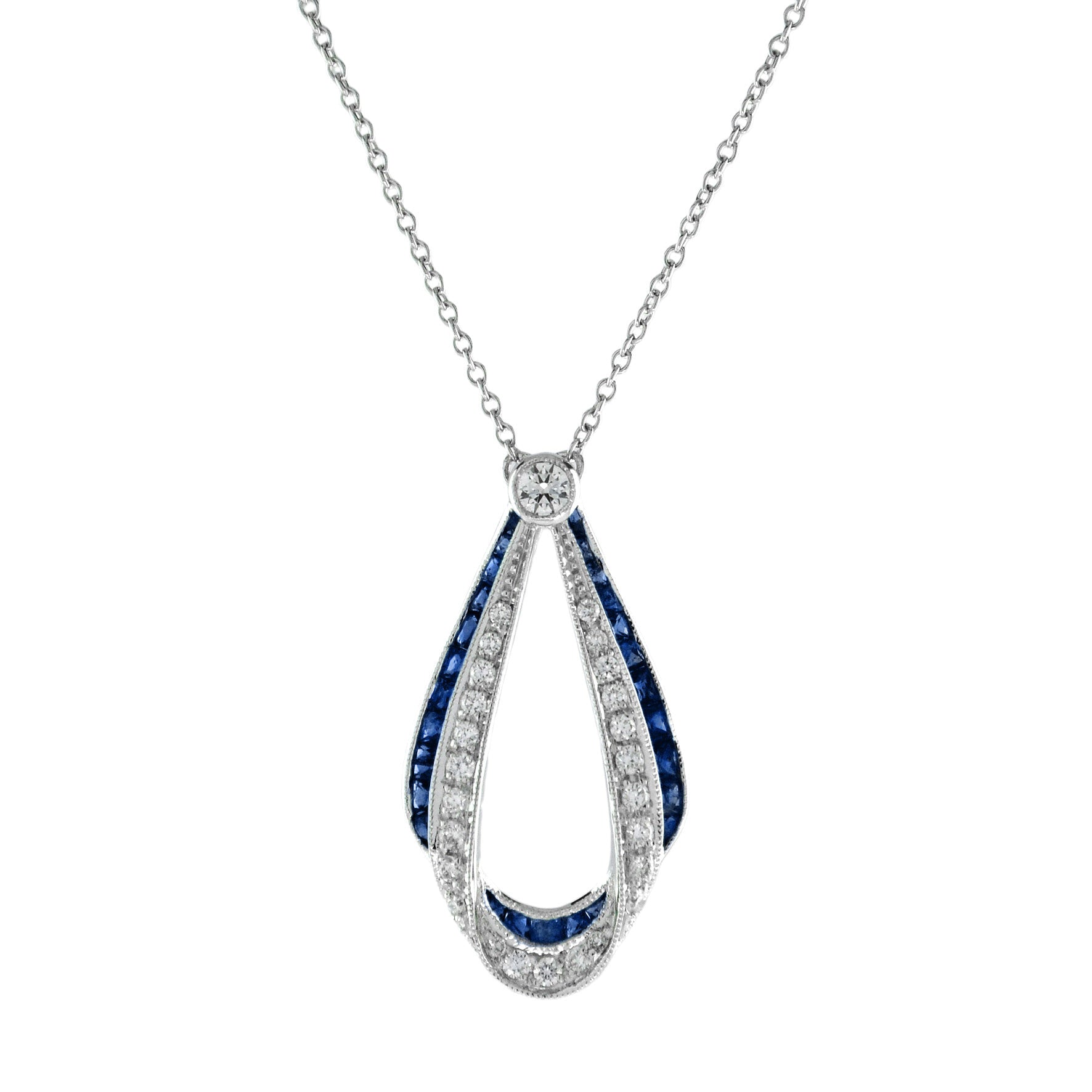Ribbon Art Deco Style Blue Sapphire &amp; Diamond 14K White Gold Pendant Necklace