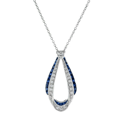 Ribbon Art Deco Style Blue Sapphire &amp; Diamond 14K White Gold Pendant Necklace