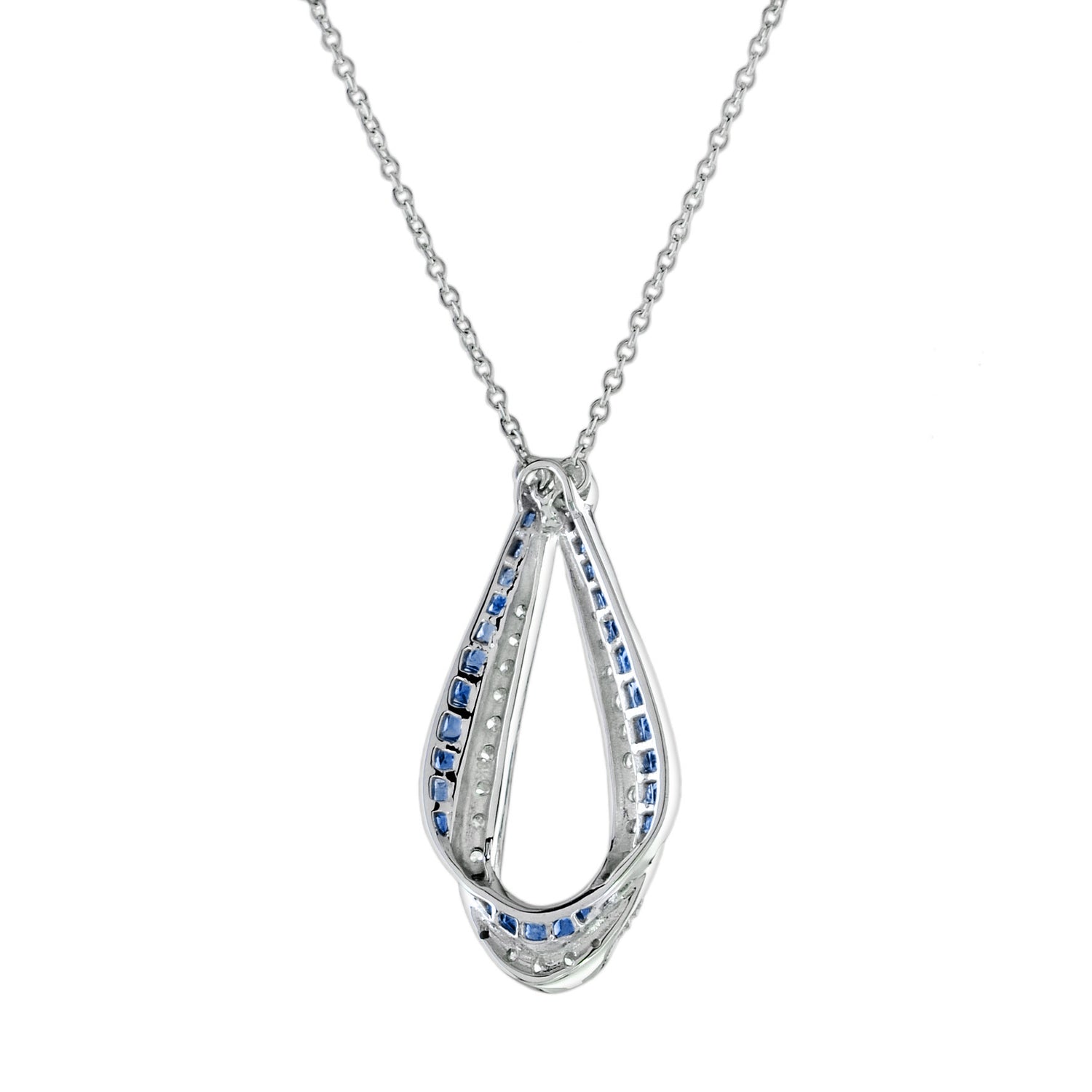 Ribbon Art Deco Style Blue Sapphire &amp; Diamond 14K White Gold Pendant Necklace