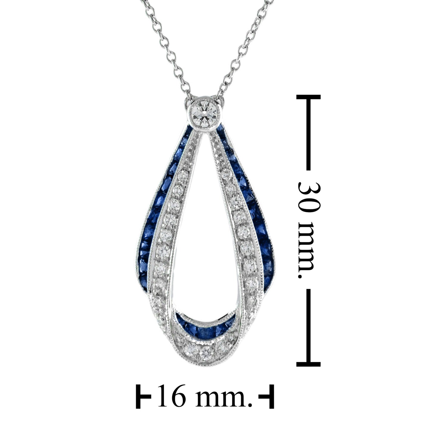 Ribbon Art Deco Style Blue Sapphire &amp; Diamond 14K White Gold Pendant Necklace