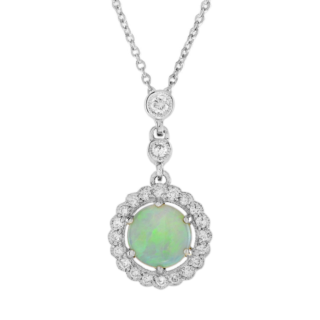 Opal &amp; Diamond Halo Vintage Style White Gold Pendant Necklace