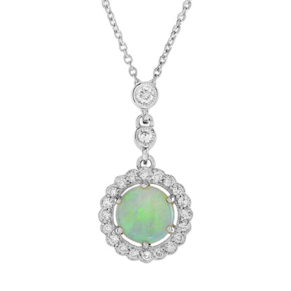 Opal & Diamond Halo Vintage Style White Gold Pendant Necklace