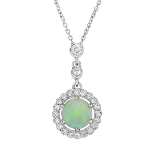 Opal & Diamond Halo Vintage Style White Gold Pendant Necklace