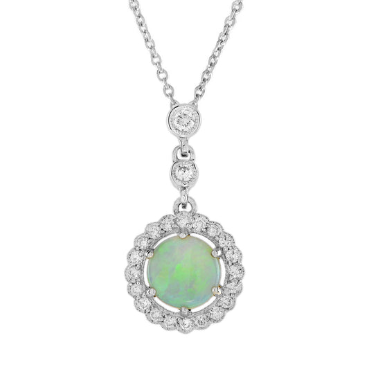 Opal & Diamond Halo Vintage Style White Gold Pendant Necklace
