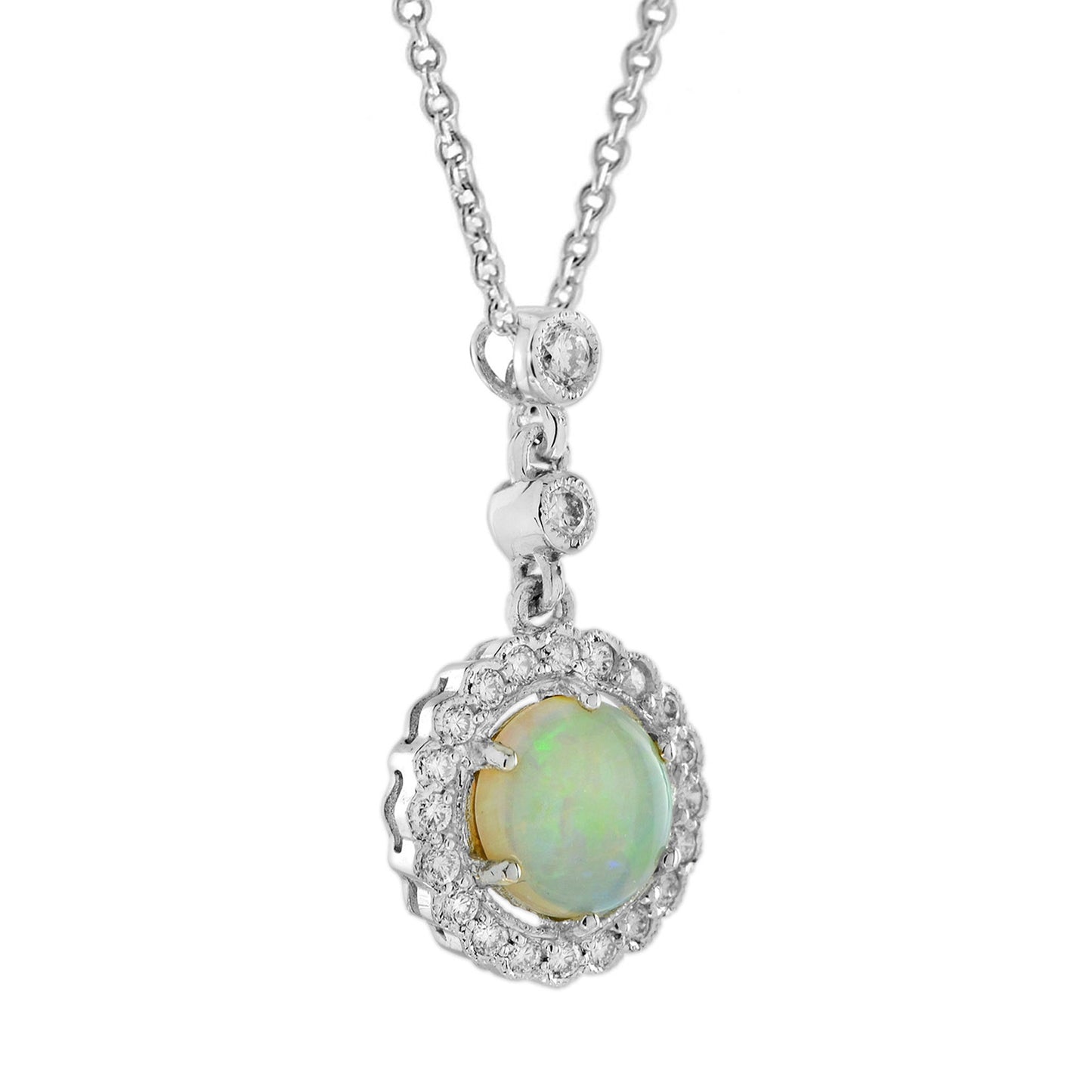 opal & diamond halo vintage style white gold pendant necklace