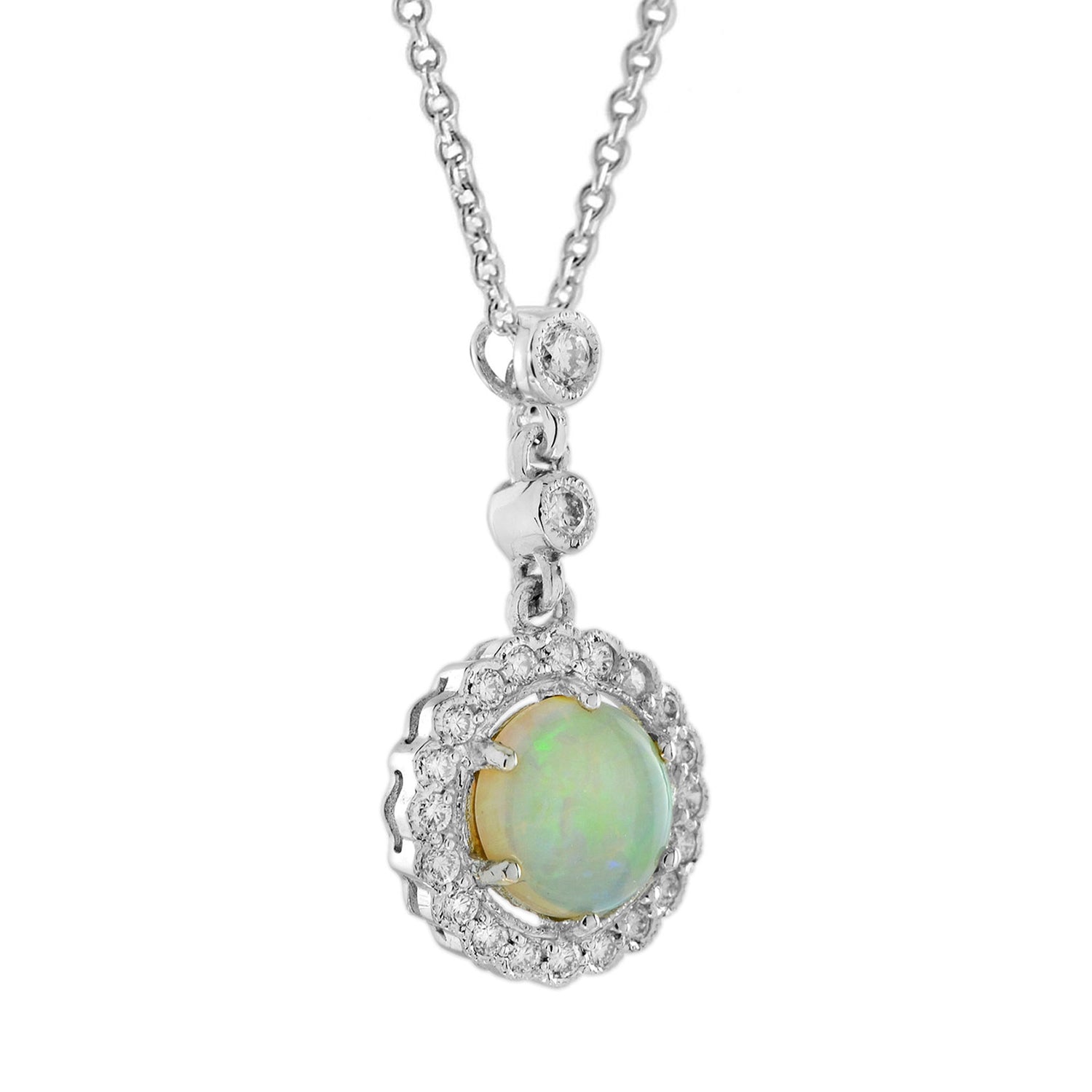 Opal &amp; Diamond Halo Vintage Style White Gold Pendant Necklace
