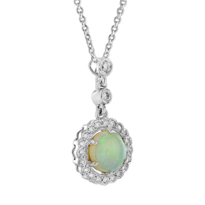 Opal & Diamond Halo Vintage Style White Gold Pendant Necklace