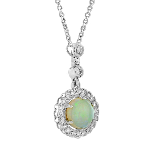 Opal & Diamond Halo Vintage Style White Gold Pendant Necklace