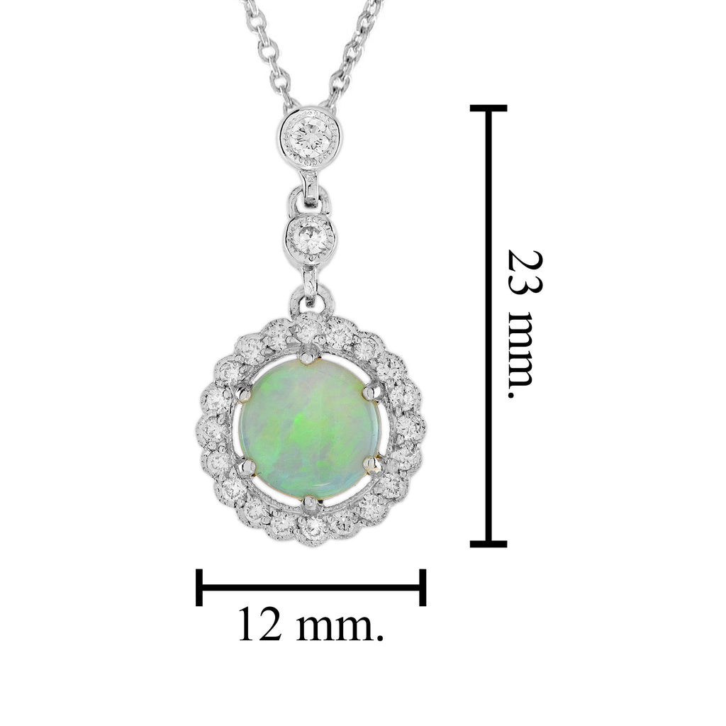Opal & Diamond Halo Vintage Style White Gold Pendant Necklace