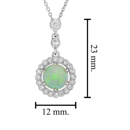 Opal & Diamond Halo Vintage Style White Gold Pendant Necklace