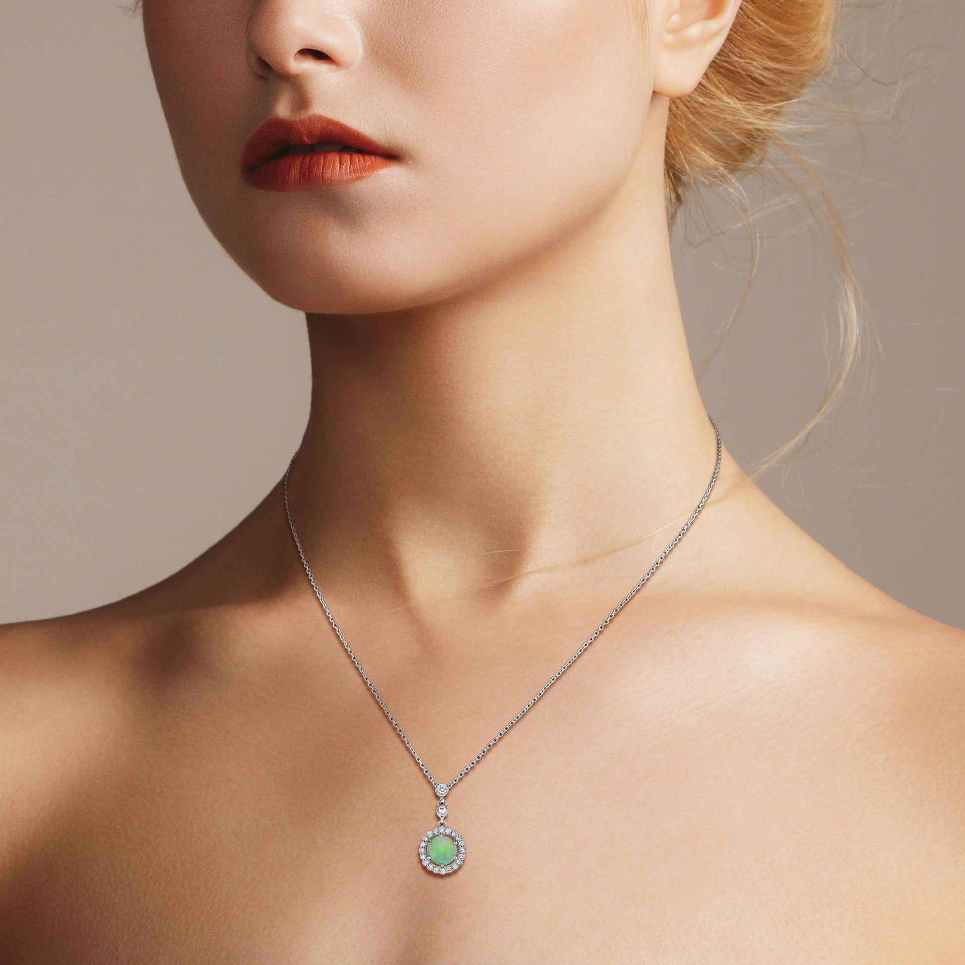 Opal Diamond Halo Vintage Style Pendant & Earrings Jewelry White Gold Set
