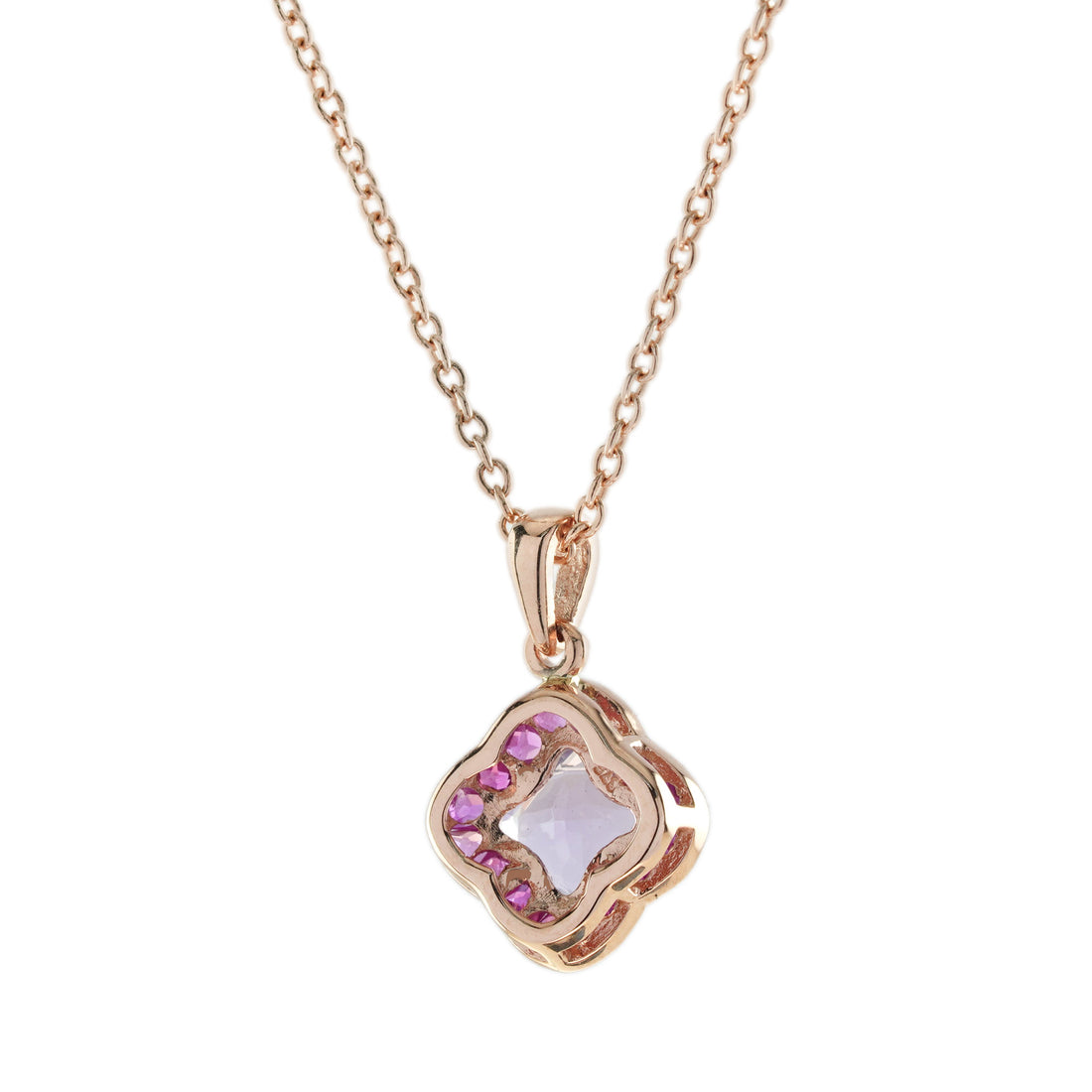 Lily Cut Pink Amethyst & Ruby Halo Set Pendant Rose Gold Necklace