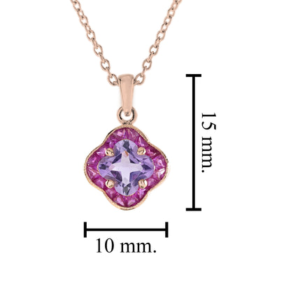 Lily Cut Pink Amethyst & Ruby Halo Set Pendant Rose Gold Necklace