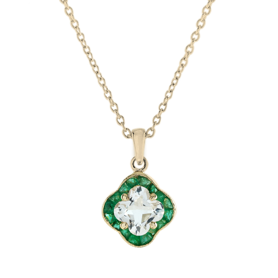 Casa Blanca Lily Cut White Topaz & Green Emerald Yellow Gold Pendant Necklace