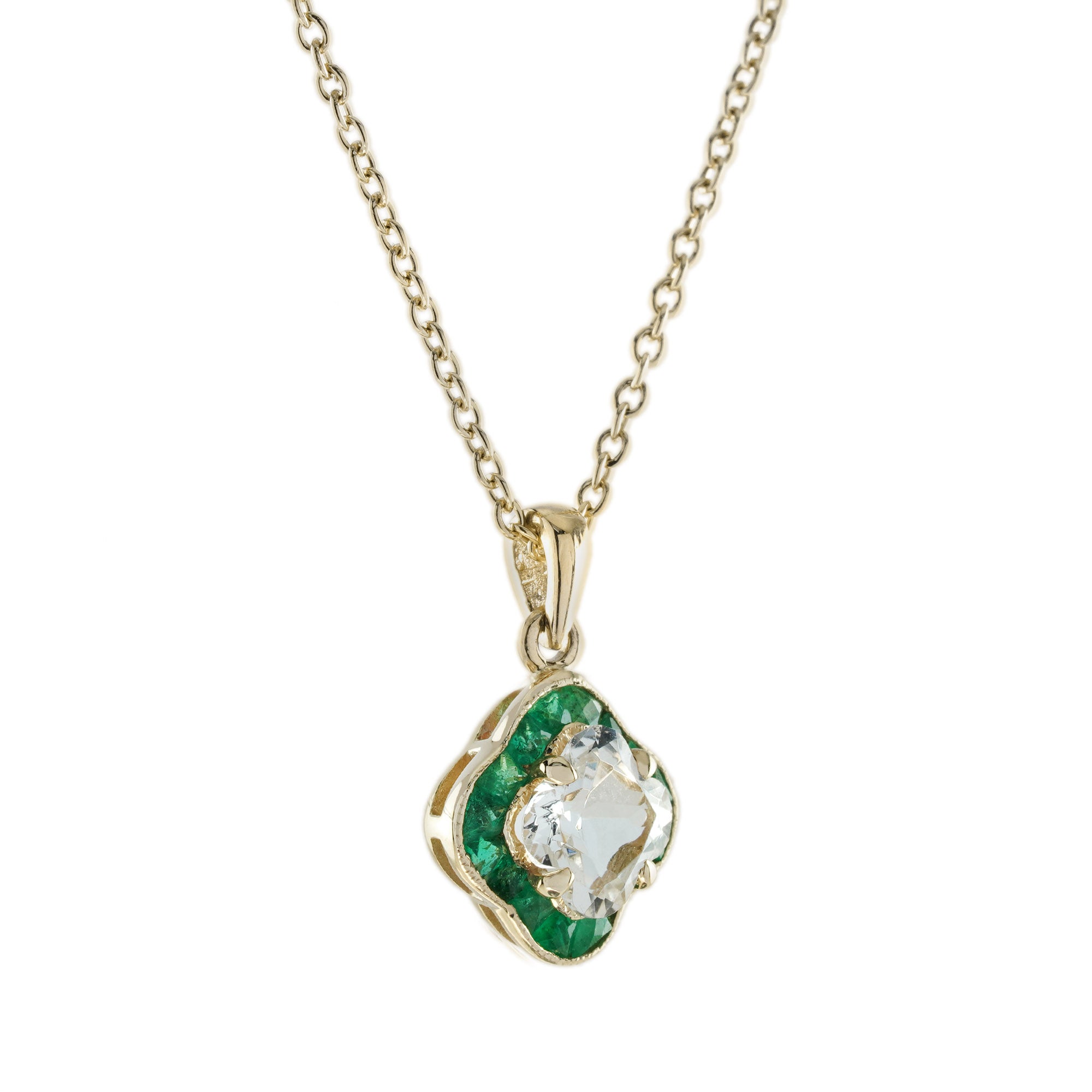Casa Blanca Lily Cut White Topaz &amp; Green Emerald Yellow Gold Pendant Necklace